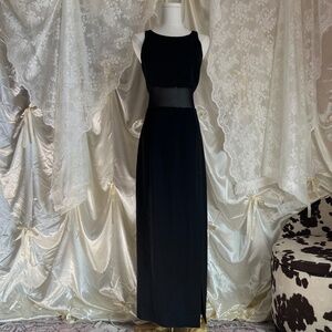 Black Floor Length Dress with Mesh Panel and Beaded Trim